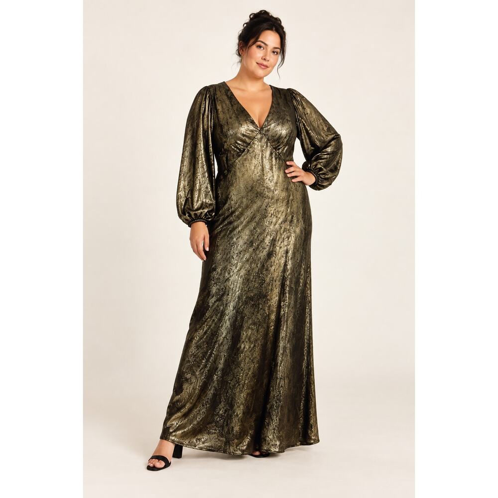 Glamorous Curve 2X Gold Metallic Maxi Dress Long Balloon Sleeve V Neck NWT